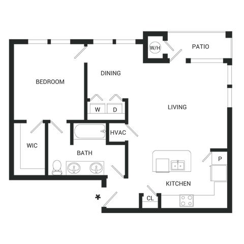 Floor plan for 1 bed, 1 bath, 838 sqft